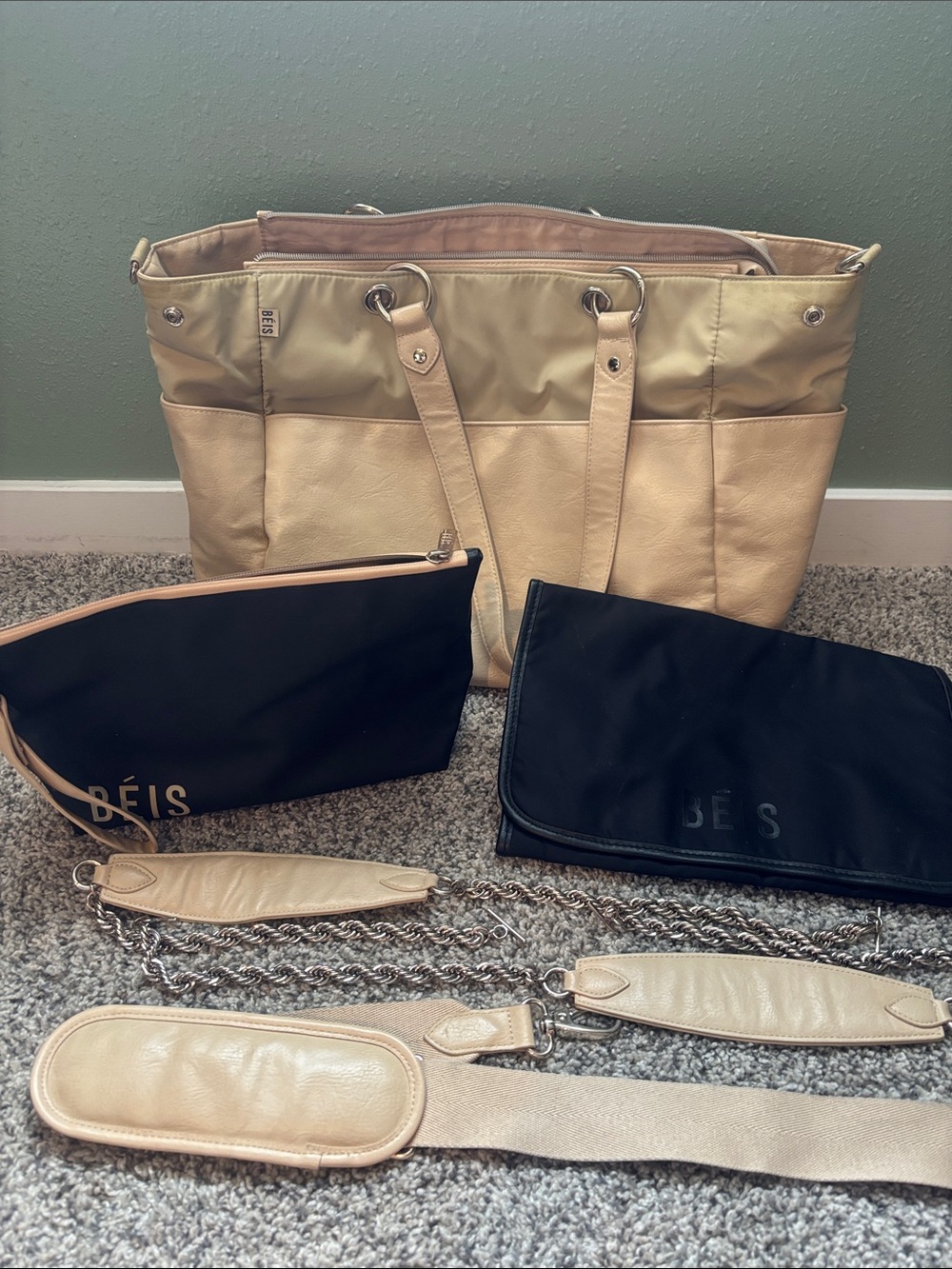 BEIS Cream and Black Convertible Tote diaper bag with changing pad and wet bag